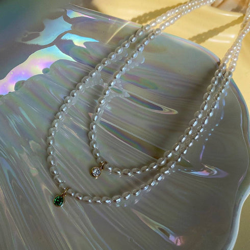 Mini emerald zircon pearl necklace (Purchase Individually) - Zafari Studio Jewelry
